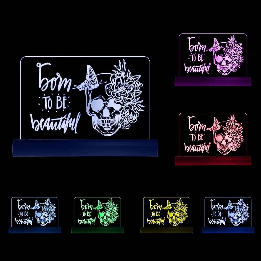 The Geeky Days 3D Skull Optical Illusion Light Skull with Flowers Butterfly Multi Color Changing LED Night Light Born to Be Beautiful Skeleton Inspirational Quote USB Beside Lamp (Black)