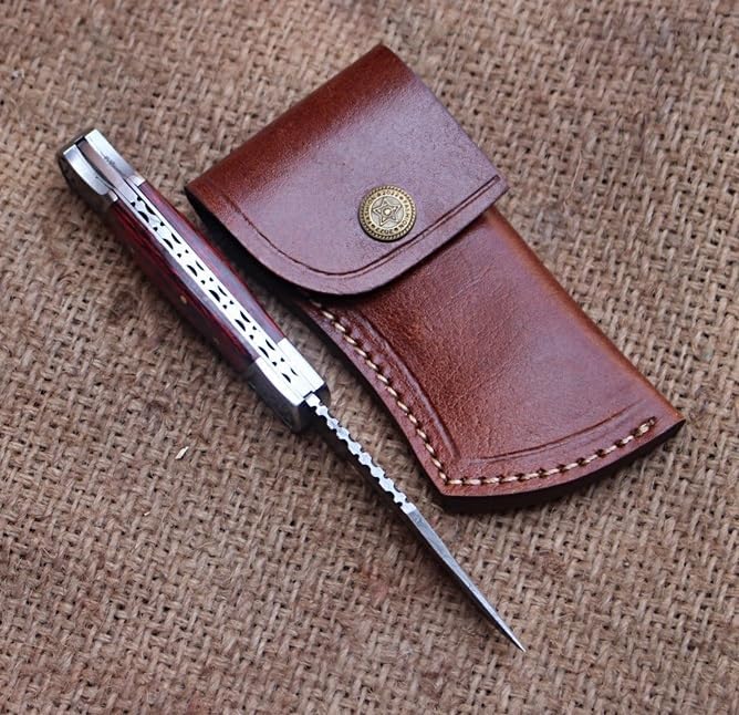 Nesmo-511 Handmade Damascus Steel Folding Knife with Leather Sheath – Engraved Bolster, Back Lock Knife – Gift for Men, Best Knife for Camping Hunting Hiking (Red Pakka Wood Handle)