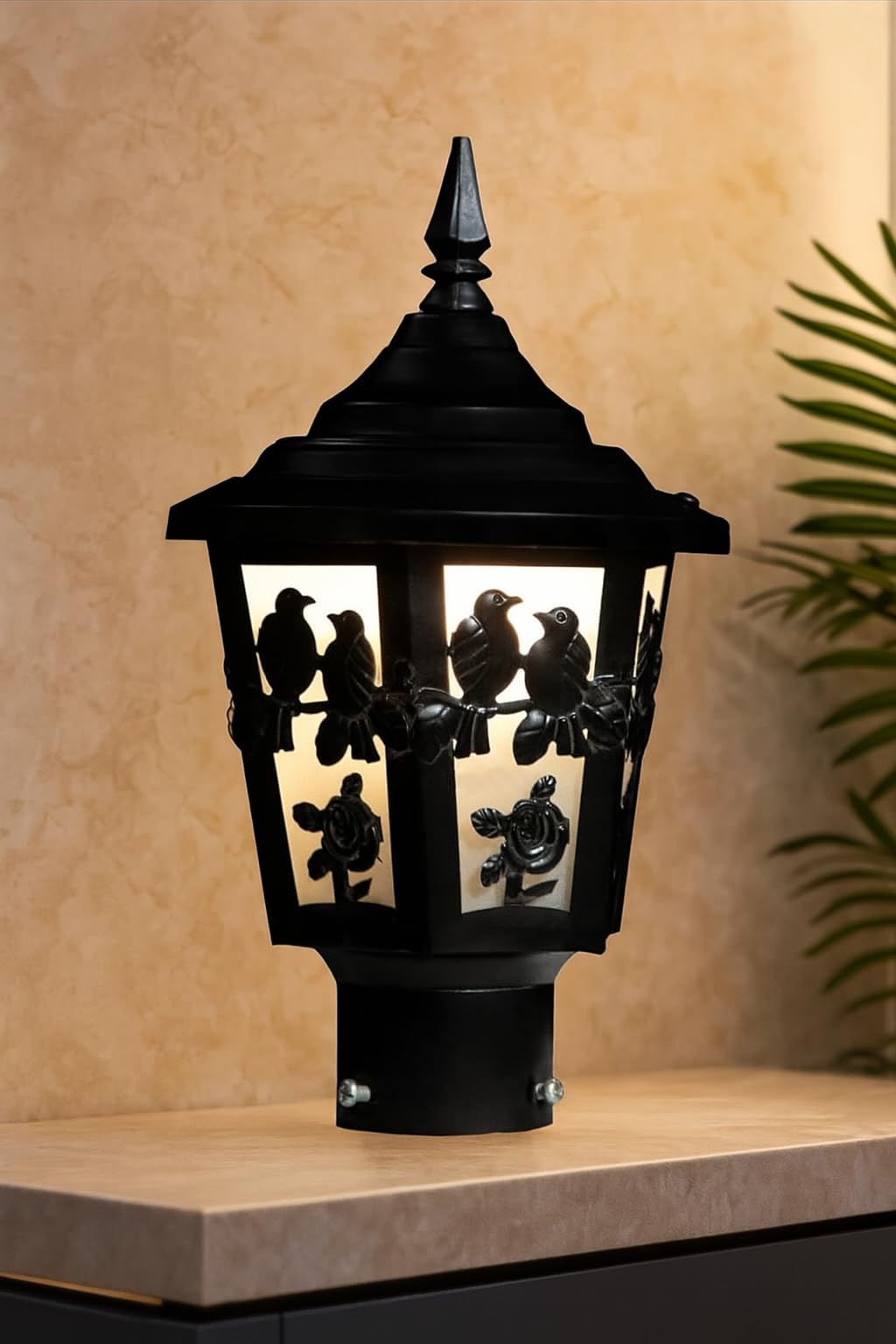 kinis Vintage Black Bird & Rose Design Gate Lamp – Decorative Outdoor Post Light, Warm White Glow for Home Entrance/Pillar Lights for Garden, Patio, Boundreis or Entryway (Pack of 1, Without Bulb)-image-12