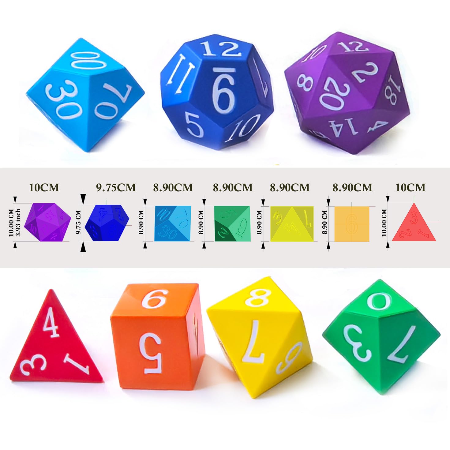 Set di 7 dadi poliedrici in schiuma Jumbo da 10 cm, grandi colori arcobaleno per giochi e risorse didattiche