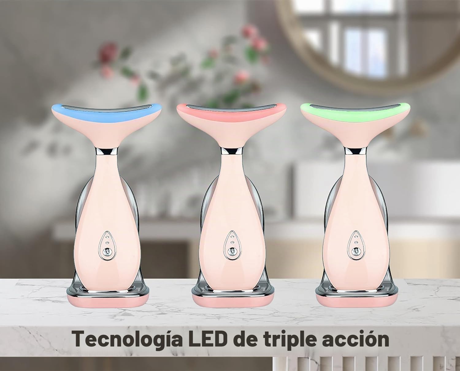 VRAIKO Lily Masajeador de Cuello y Rostro, Herramienta de Esculpido Facial, Rejuvenecimiento con Calor, LED Triple Acción y Vibración, Anti-Edad, Lifting y Tensado (Rosa)