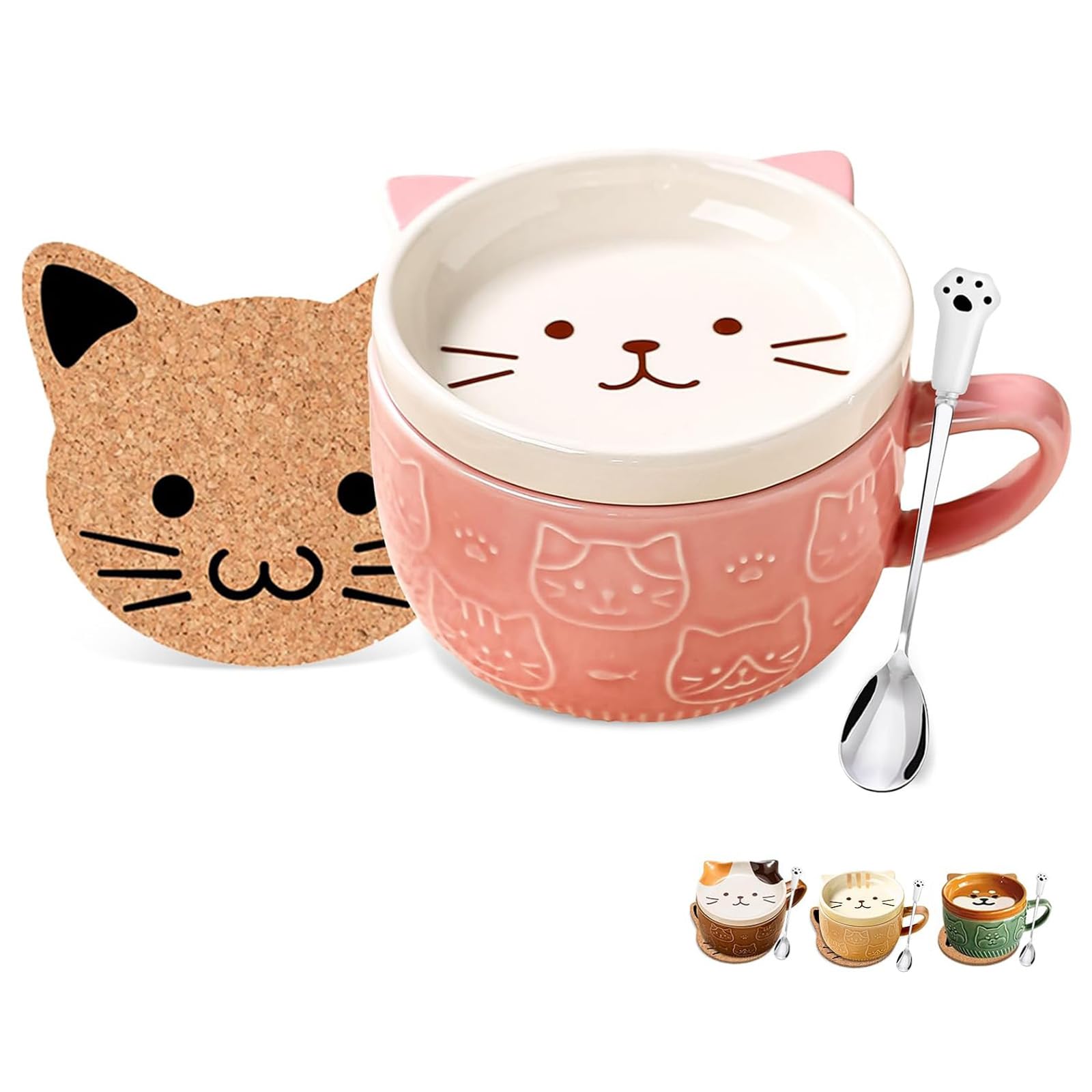 Gifts for Women Her Cute Kawaii Cat Coffee Mugs with Lids,Christmas Birthday Presents for Girls Friend Kids Men Wife Mum Grandma Teacher,Novelty Animal Coffee Ceramic Tea Cup Dessert Saucer Set