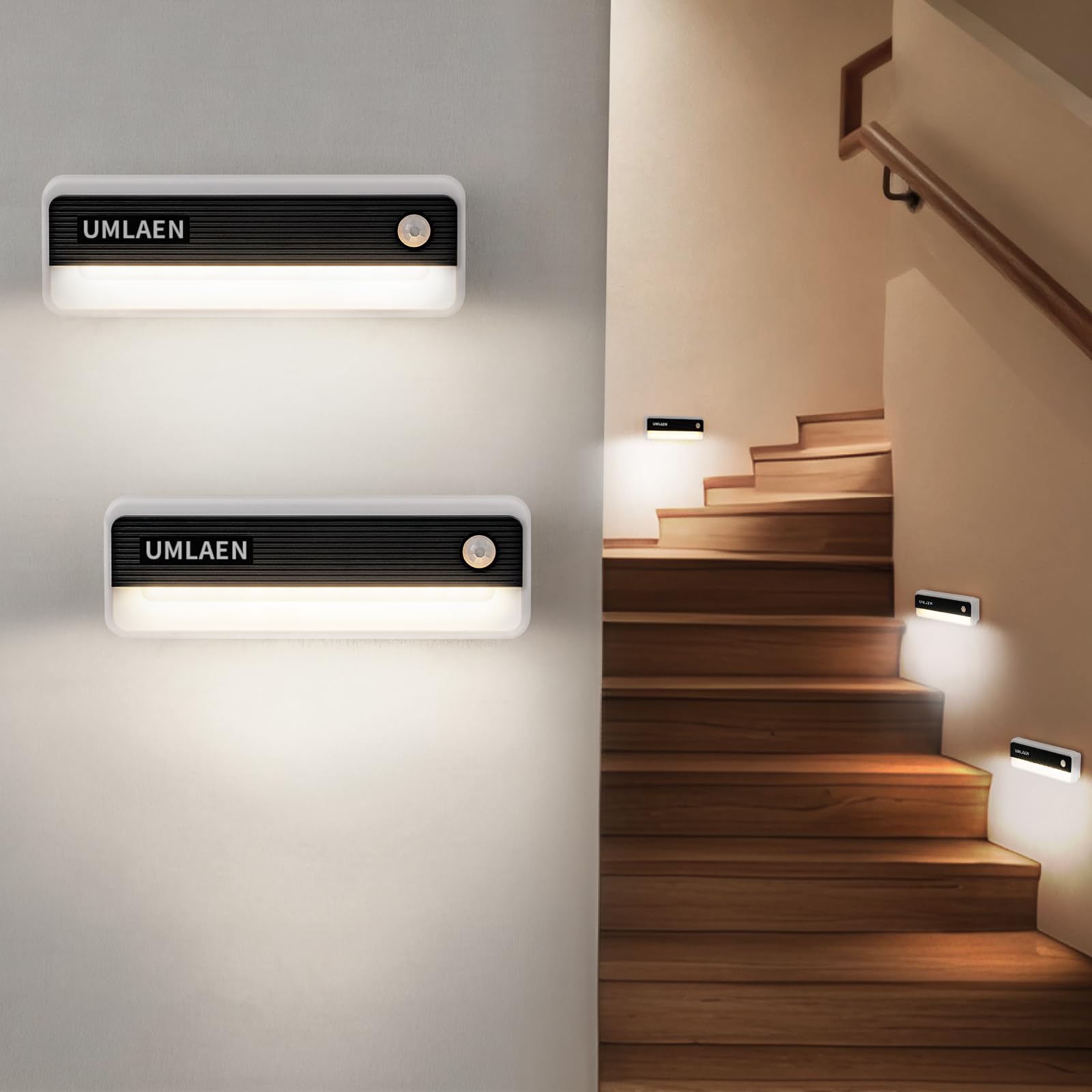 Confezione da 2 luci con sensore di movimento per interni, 1800 mAh, luce notturna ricaricabile con attivazione del movimento, 3 colori, 2 modalità, luci adesive per scale, camera da letto