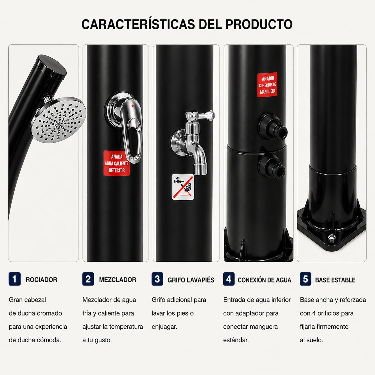 Ducha Solar Exterior 18 L jardín y Piscina con Mezclador y Grifo lavapiés – Depósito PVC Acero Inoxidable, Temperatura 60 °C, 216 cm, Base compacta, sin Electricidad