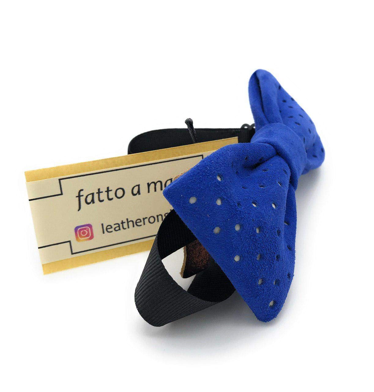 Papillon uomo in Vera Pelle - fatto a mano - Blu reale e pois bianchi