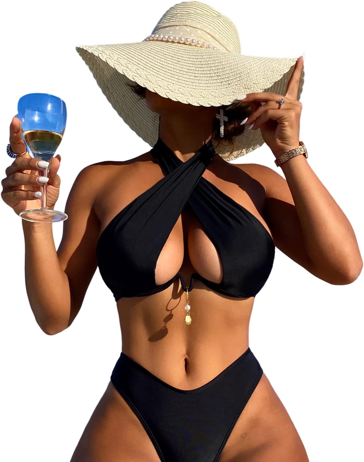 WDIRARA Women's Cut Out Criss Cross Halter Underwire Bikini Top Tie Back Swimwear