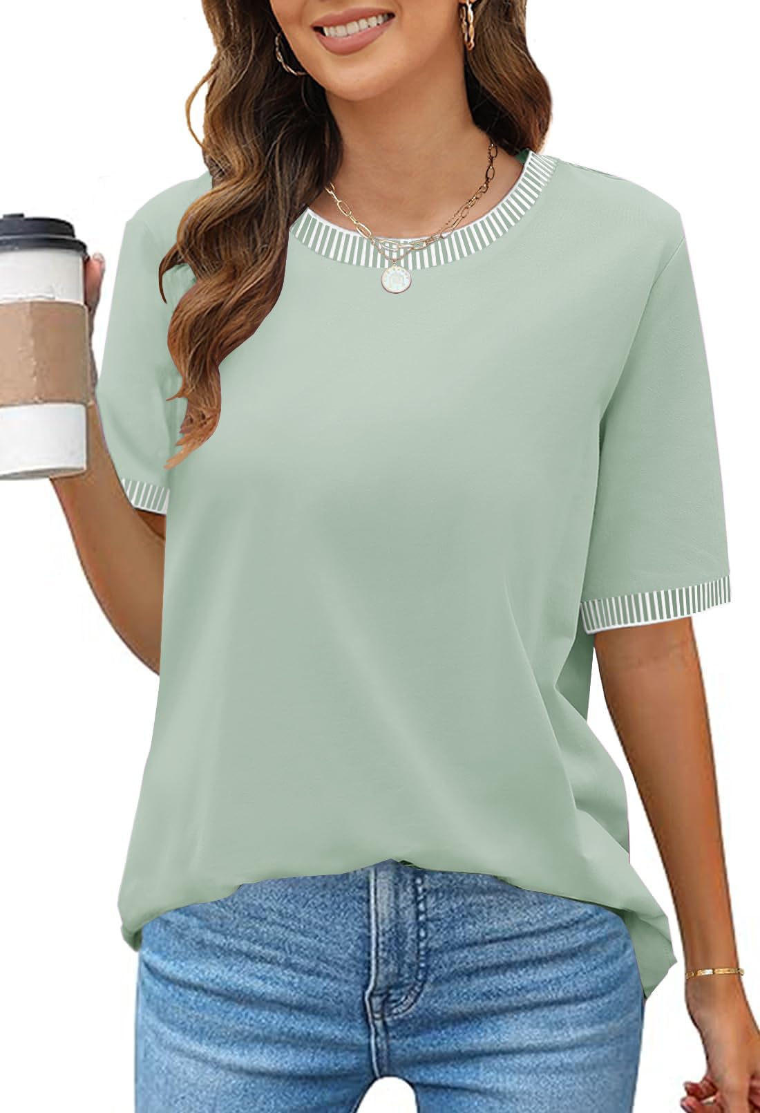 MEROKEETY Women's Summer Tops 2026 Short Sleeve Casual Trendy Striped Color Block T Shirts Loose Blouse