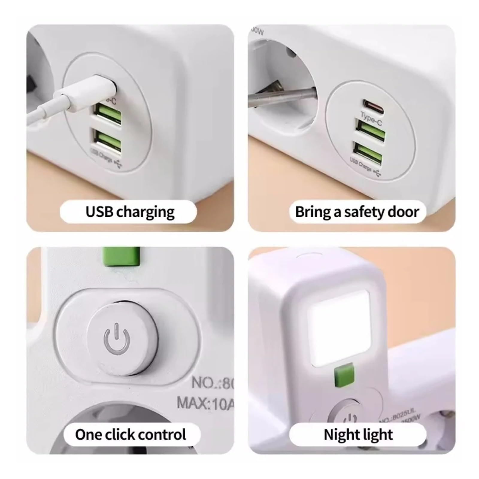 Multiprise ca ue, multiprise, sans câble d'extension, avec Ports USB, protection contre les surtensions, filtre réseau, interrupteur individuel(4 AC Black)