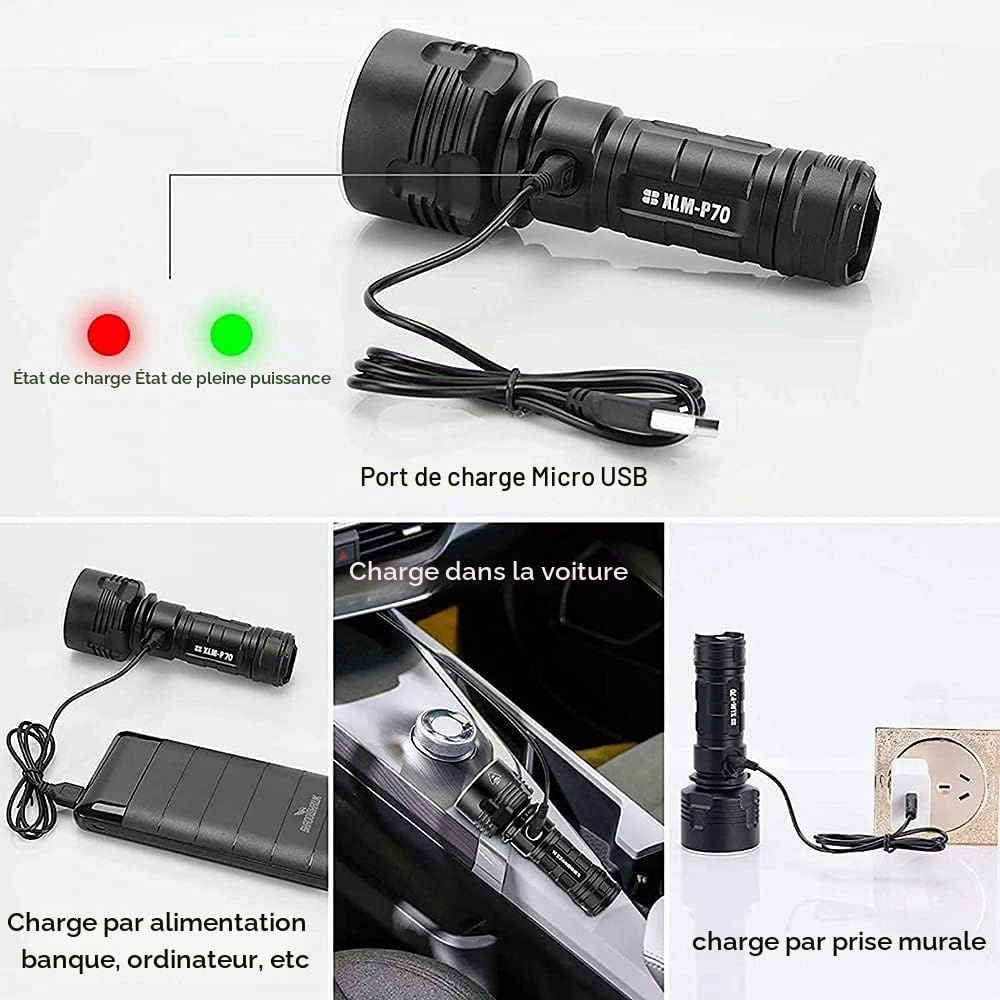 XLM-P70 Lampe Torche LED,30000-100000 Lumens Lampe de Poche Militaire Tactique Ultra Puissante Étanche Torche,Lampe Torche Rechargeable USB (50W-XLM-70, Double batterie), (P70/L2)