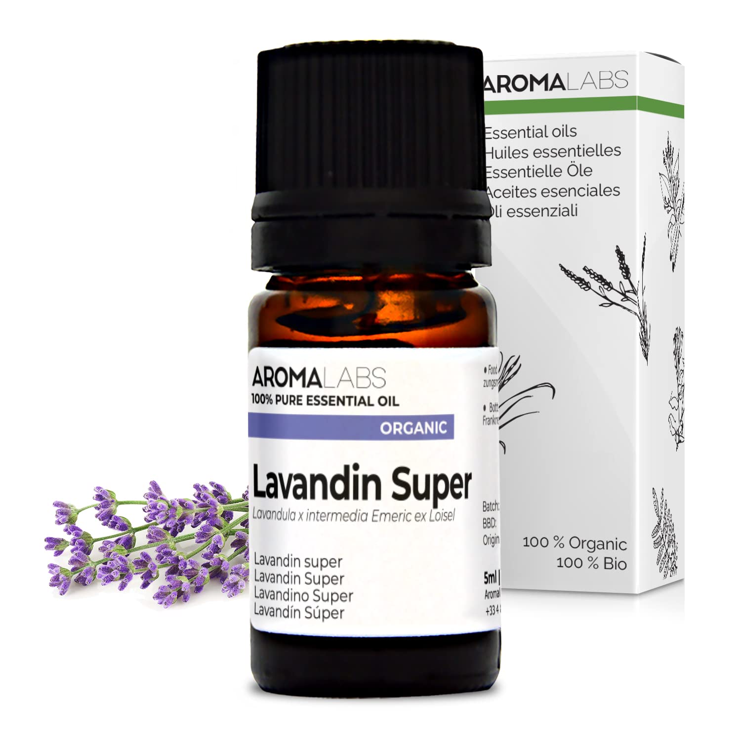 Organic Lavandin Super Essential Oil - 5ml - 100% Pure, Ecocert Certified Organic - Best Therapeutic Grade Essential Oil - Aroma Labs