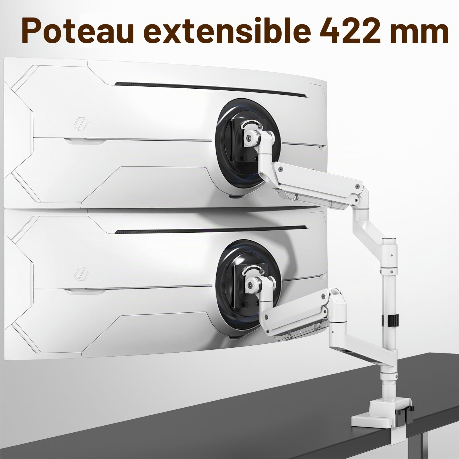 Support d'écran PUTORSEN pour 2 écrans superposés, Compatible avec des écrans de 24 à 57 Pouces et d'un Poids Maximal de 27 kg par Bras, VESA 75/100/200 mm, Blanc