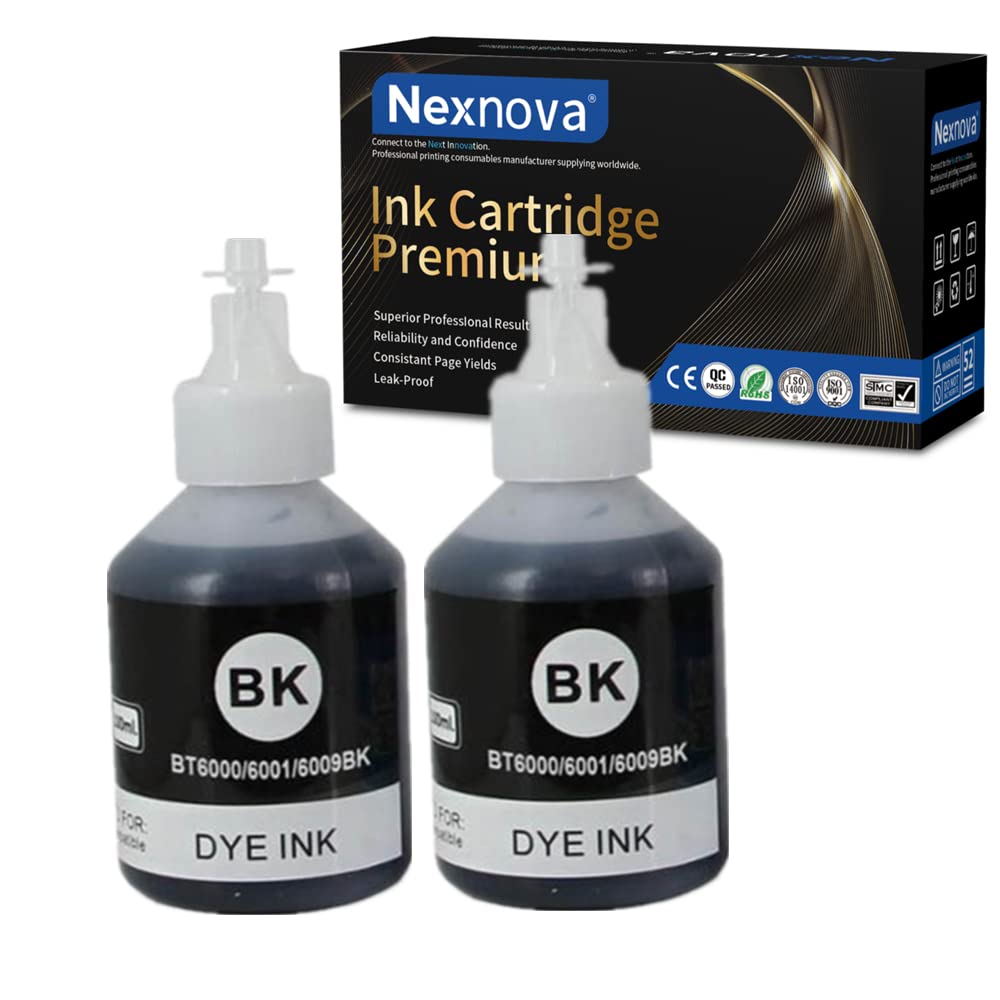 NexNova® ink BT6000BK BT6000 for BrotherBlack 2-Pack Twin Pack for Ink Tank Printers DCP-T300 DCP-T500W DCP-T700W MFC-T800W