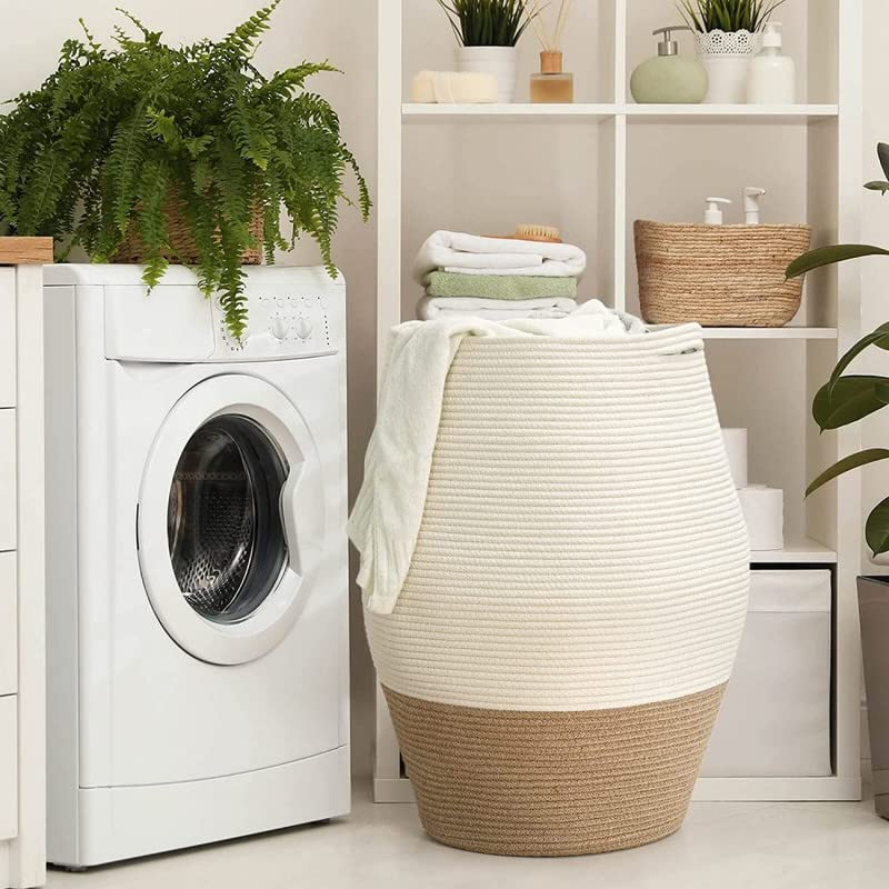 Image of GRATIFY Large Woven Rope Laundry Basket, 80 L Tall Dirty Clothes Hamper with Handles Storage Blankets, Toy for Bedroom, Living Room (brown white 1 Pcs)