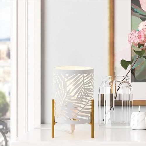 Miniatura 7 de OuXean Lámpara de mesa decorativa, soporte dorado de trípode con pantalla hueca de metal blanco, luz nocturna para mesita, E12 40W, sin bombilla