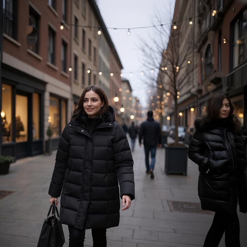 Rokka&Rolla Women's Mid-Length Water-Resistant Long Puffer Jacket Winter Coat with Soft Mini Fur Lined Hood - Image 6