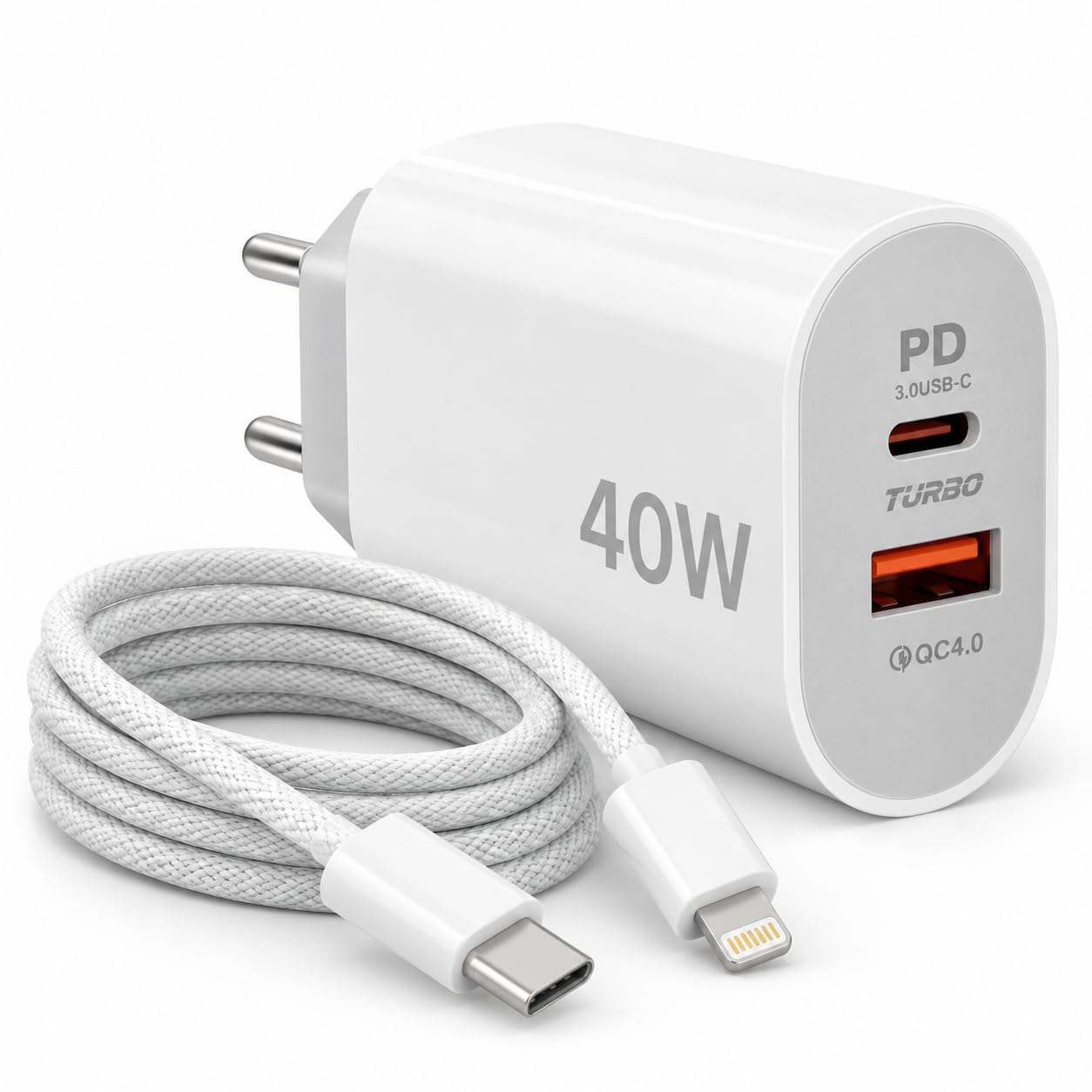 Carregador Turbo 40W USB-C USB-A Carregamento Rápido Cabo 1m PD 3.0 QC 4.0