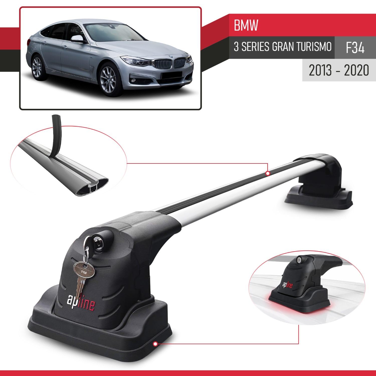 Compatible con BMW Serie 3 Gran Turismo (F34) 2013-2020 Modelo Ace-3 Barra de Techo Auto Portaequipajes Barras Transversales Gris Aluminio 2 Barras