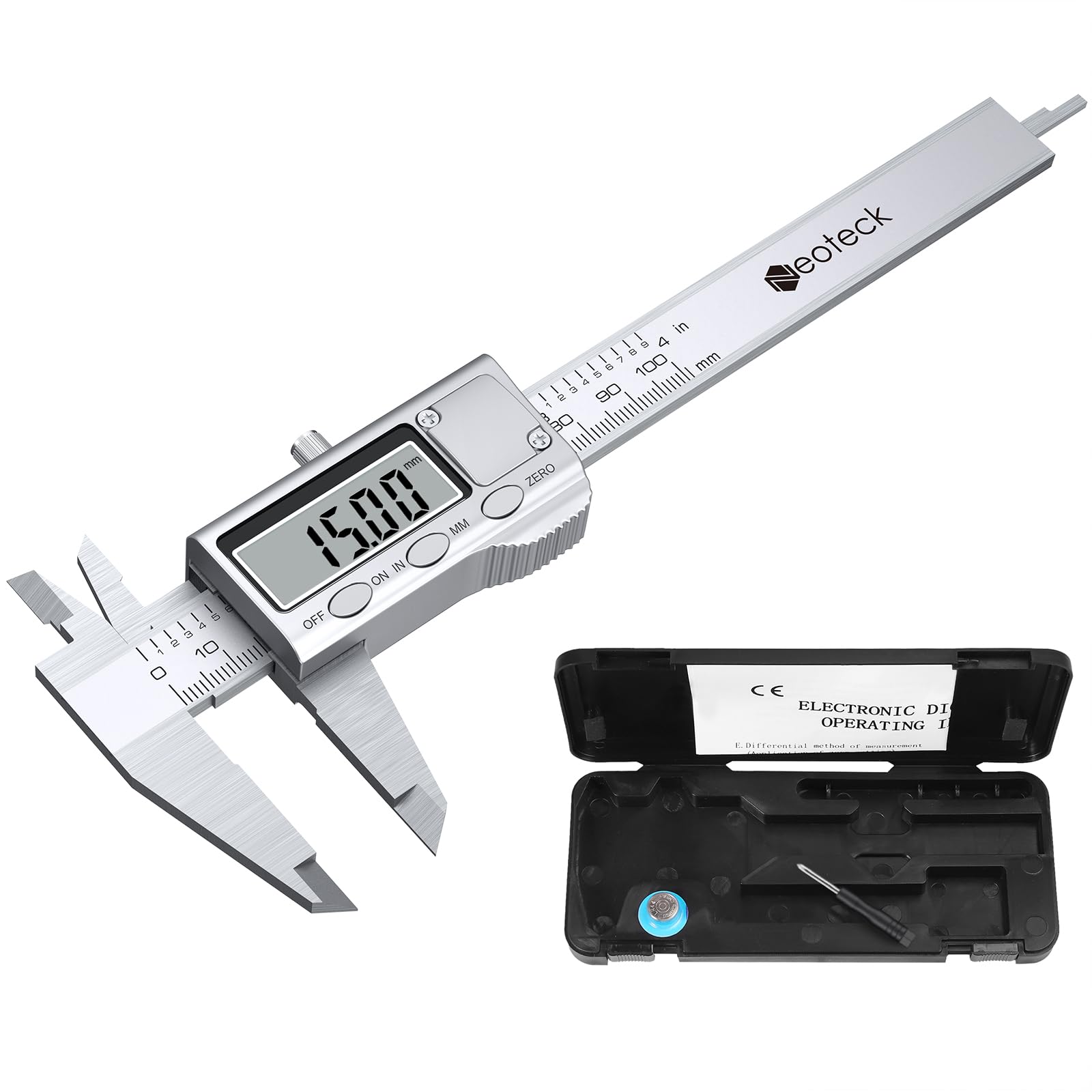 Neoteck Calibre Digital Pie de Rey Vernier Digital 100 mm Calibrador Electrónico de Acero Inoxidable inch/mm Herramienta de Medición para Longitud Ancho Profundidad Diámetro Interior Exterior Global Recycled Standard Global Recycled Standard Global Recycled Standard