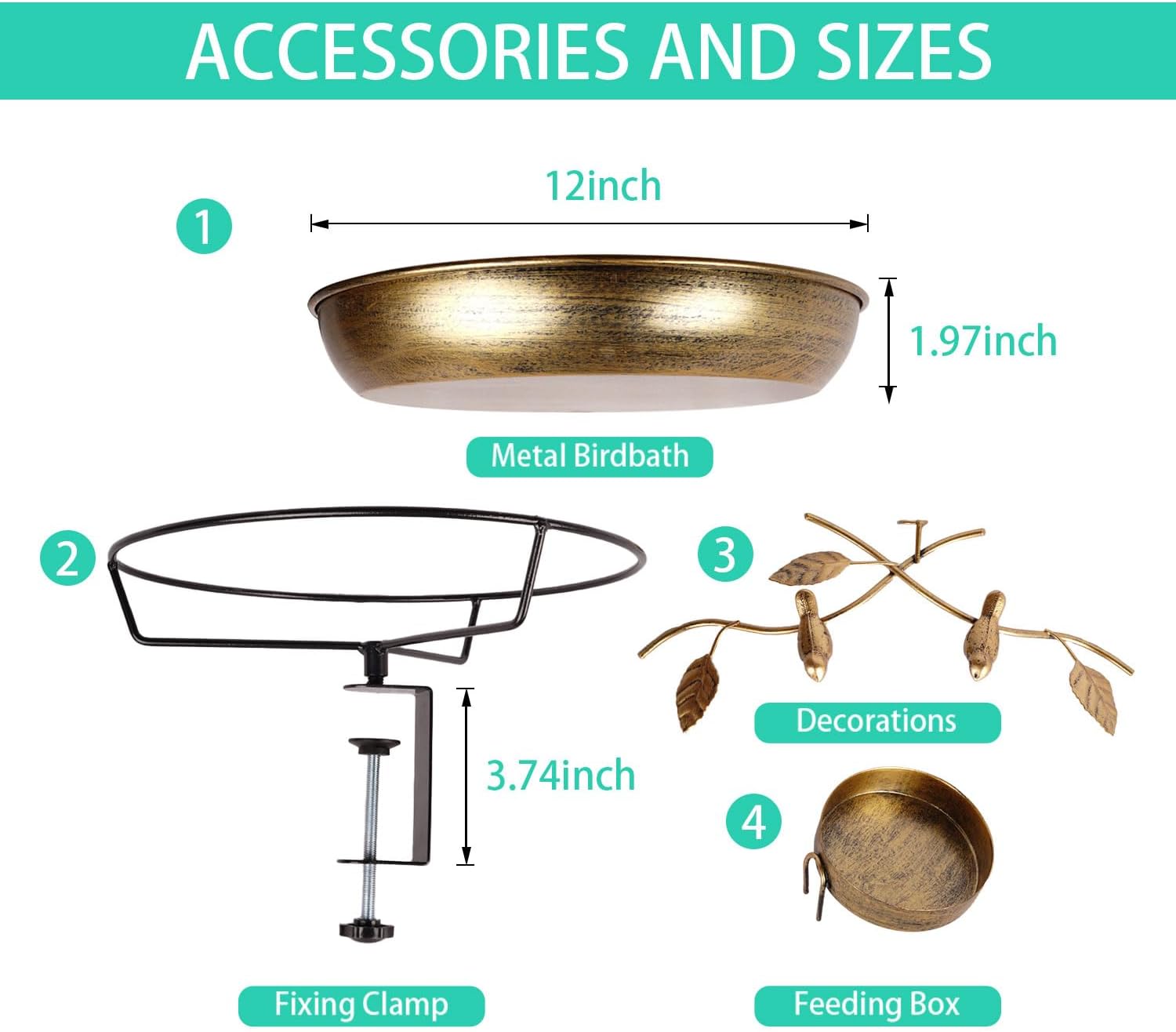 Metal Deck Mounted Bird Bath - 12 Inch Bronze Color Bird Bath for Outdoor with Small Bird Feeder and Decor Branch - Attracts Hummingbirds, Cardinals, Finches