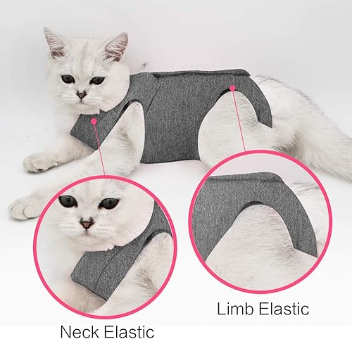Miniatura 2 de LIANZIMAU Traje de recuperación de cirugía para gatos para heridas abdominales quirúrgicas, ropa interior para mascotas, cuello electrónico,