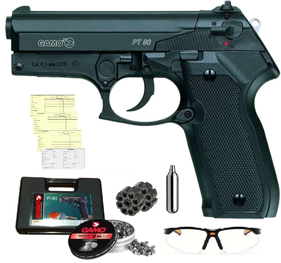 Pack Pistola Gamo PT-80 de 3,5 Julios. Pistola PT80. Calibre 4,5 mm. + Tarjeta de Armas + Maletín de Transporte + Gafas Protectoras + 250 balines + 2 Cargadores + Bombona CO2