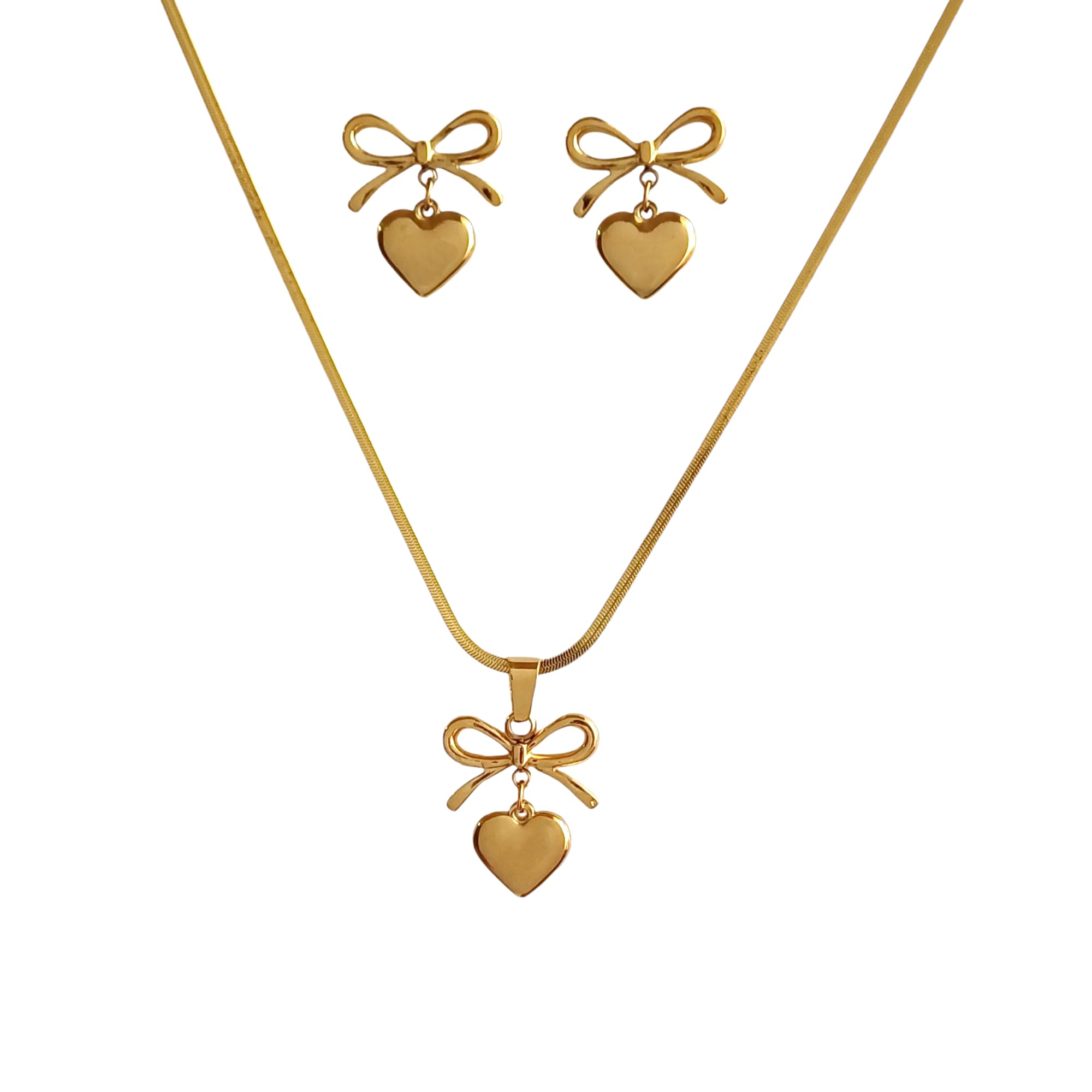 JEWILLEY Bow-Heart Linked Anti-Tarnish Gold-Plated Chain Necklace With Earrings | Stainless Steel Waterproof Bow Necklace | Neckpieces Set Gift for Women and Girls (B0DG33LXBN) Amazon Price History, Amazon Price Tracker