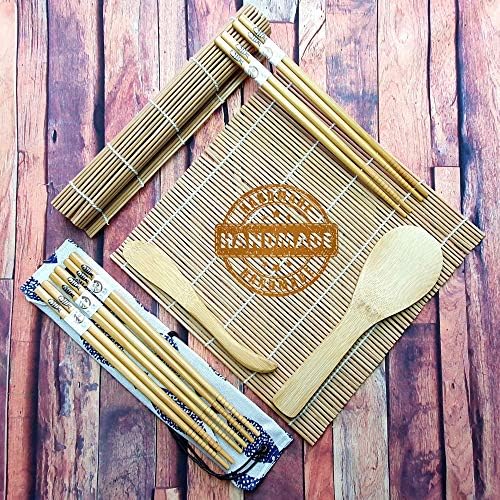 Sushi Making Kit Beginners Sushi Maker Set with Bamboo Rolling Mat - Make Your Own Sushi at Home - All in One Set 2 Mats, 5 Pairs Chopsticks with Bag, Paddle, Spreader with Step by Step Book Guide