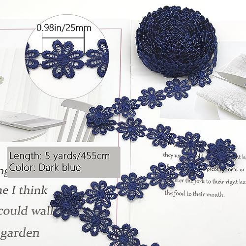 XCSJ 5 x 2.5cm Applique Sewing Edges Flower Embroidery Lace Ribbon Lace Fabric Daisy Polyester Flower Ribbon Appliques for Hair Band Clothes (All Dark Blue) - Image 2