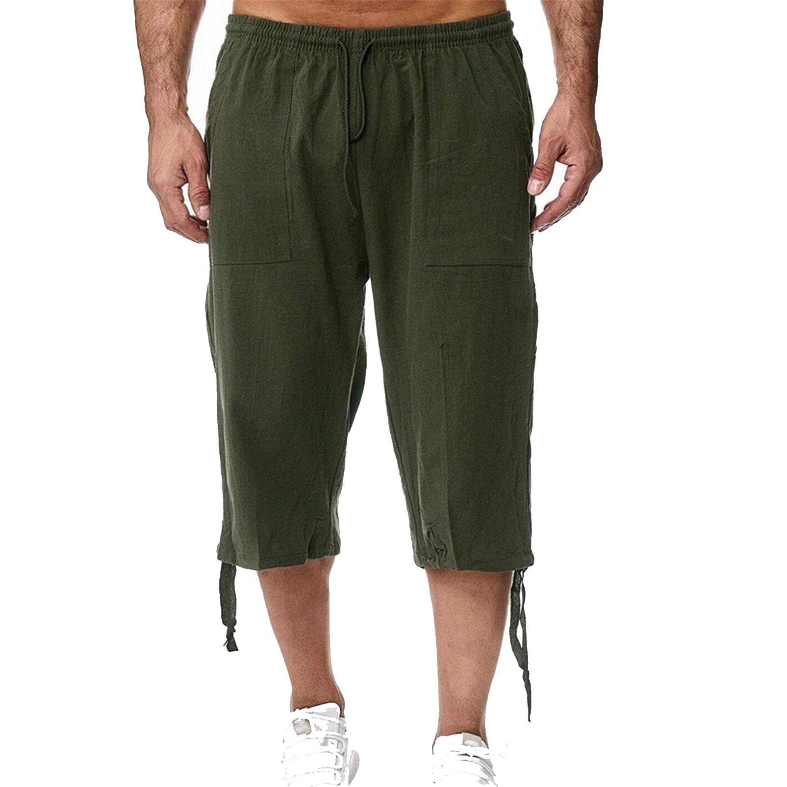 Kuendrem Men 3/4 Length Knee Cotton Linen Short Large Size High Waist Plus Size Bermuda Summer Breeches