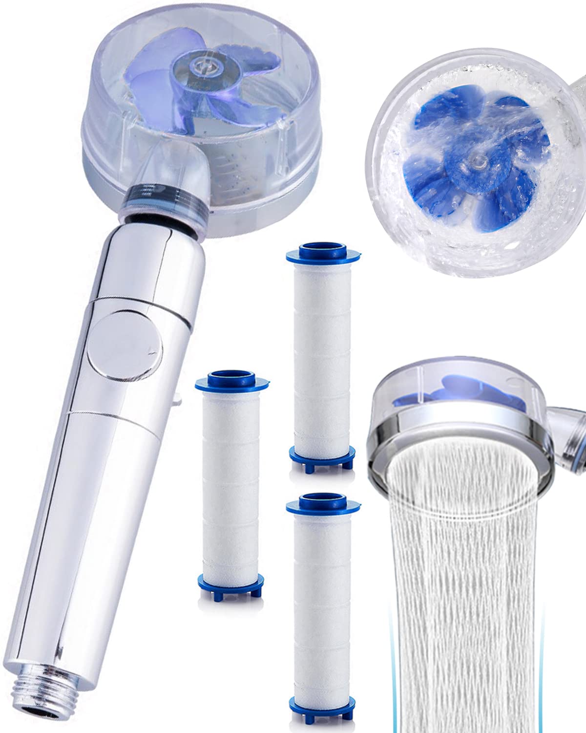 Zhongyu Turbo Spa Shower Head, High Pressure Propeller Shower Heads with Filters and Pause Switch, Easy Install Replacement for Bath Turbocharged Showerhead 360 Degrees Rotating (Blue)