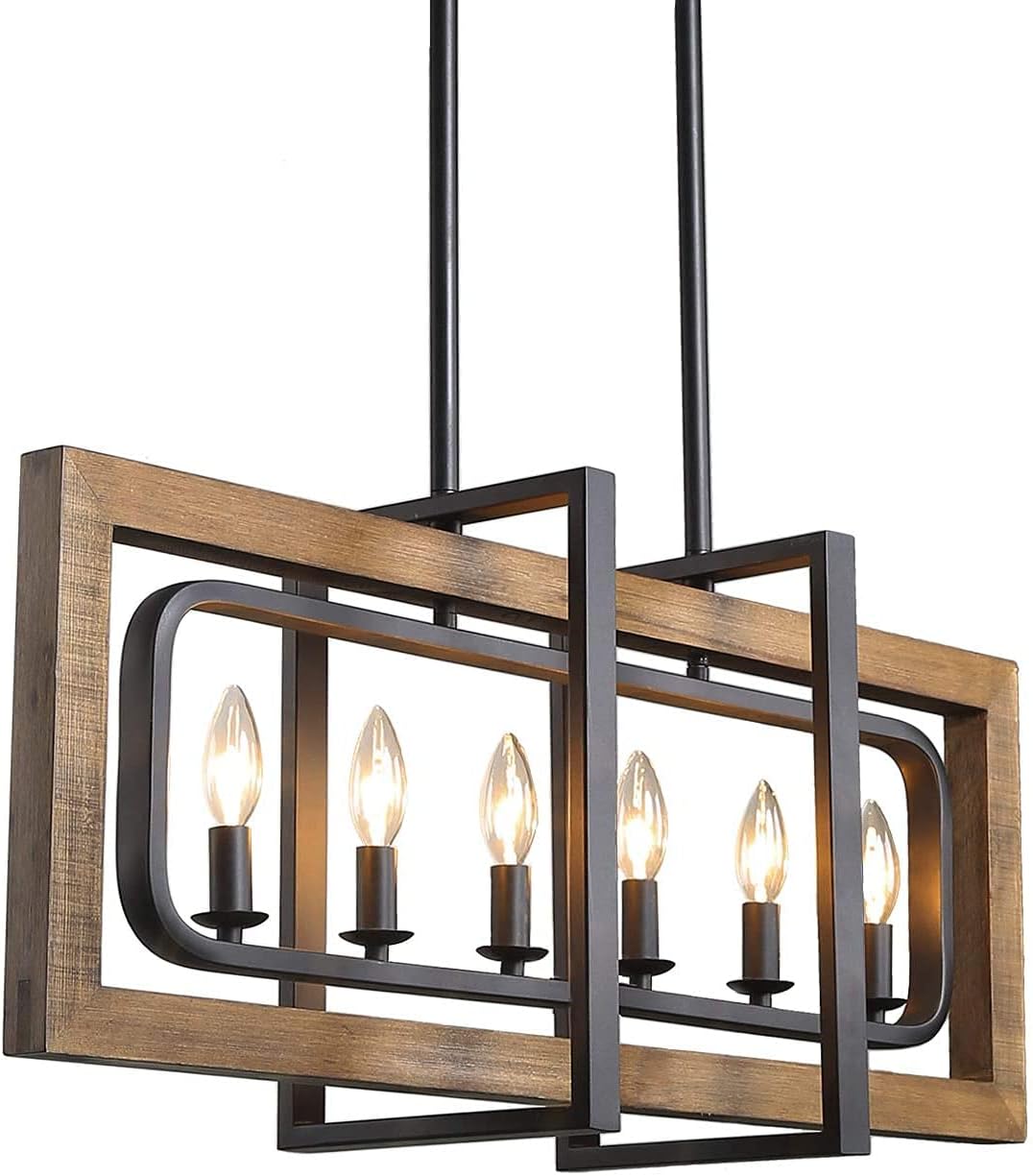 Farmhouse Chandelier, Barn Light in Rustic Black Metal Finish & Rustic Wood Kitchen Island Lighting, 31.5" x 14" x 8.5" Island Lights for Kitchen