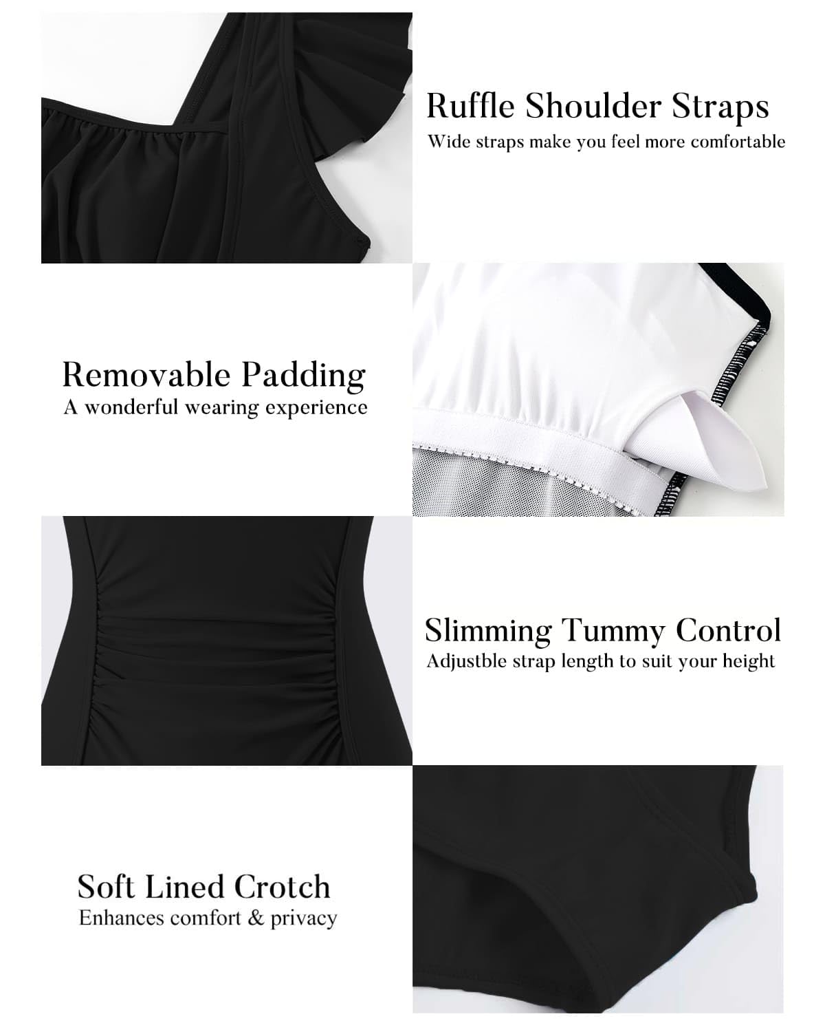 TcIFE Maillot de Bain Une Pièce Push up Femme 1 Pièce Natation Monokini Ruché Ventre Plat Amincissante à Volants Taille Haute, Le Noir, M