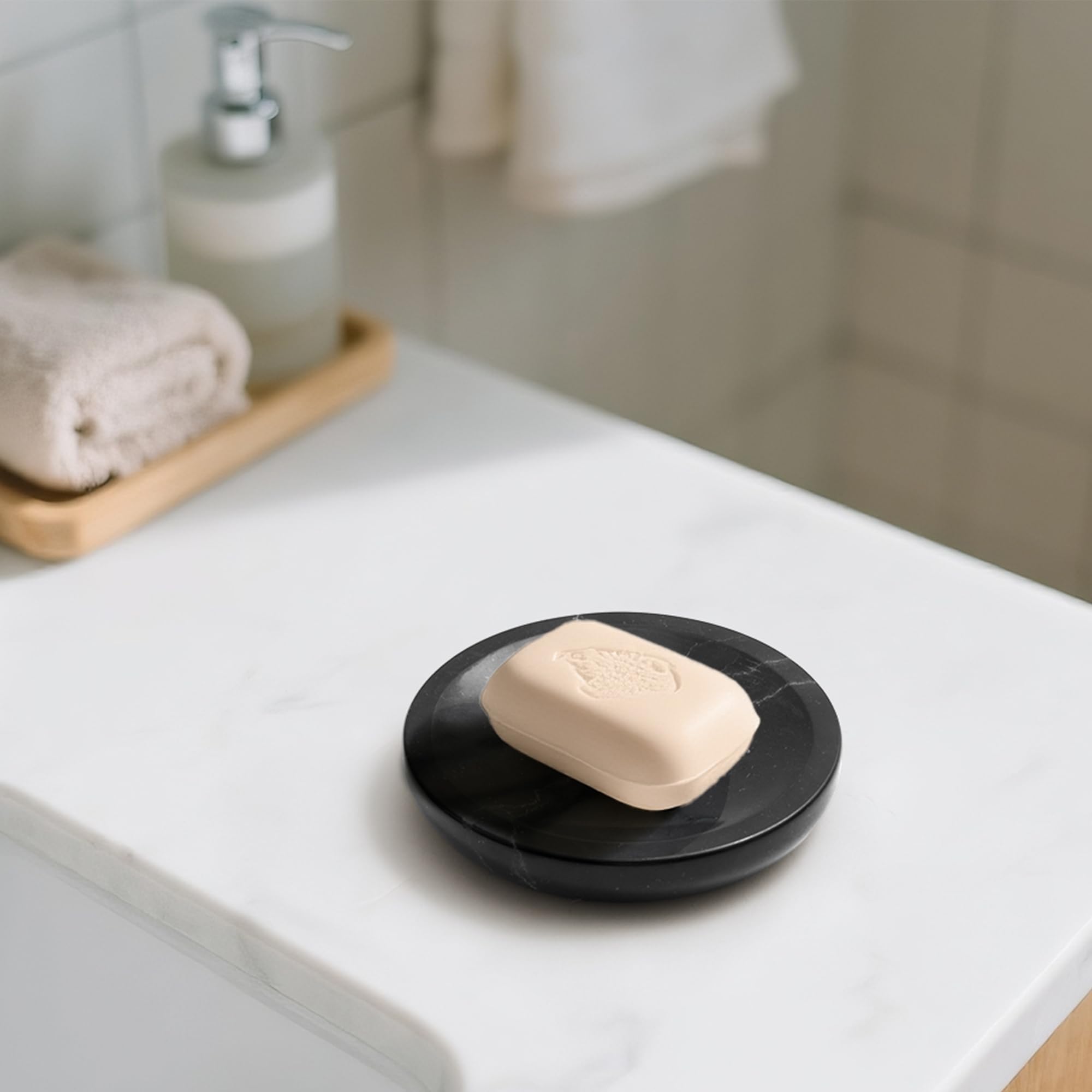 Naturalny marmur mydelniczka, wodoodporna czarna okrągła kamienna mydło gąbka uchwyt do łazienki wanny prysznica zlewu kuchennego, ręczna mydelniczka (DL007)