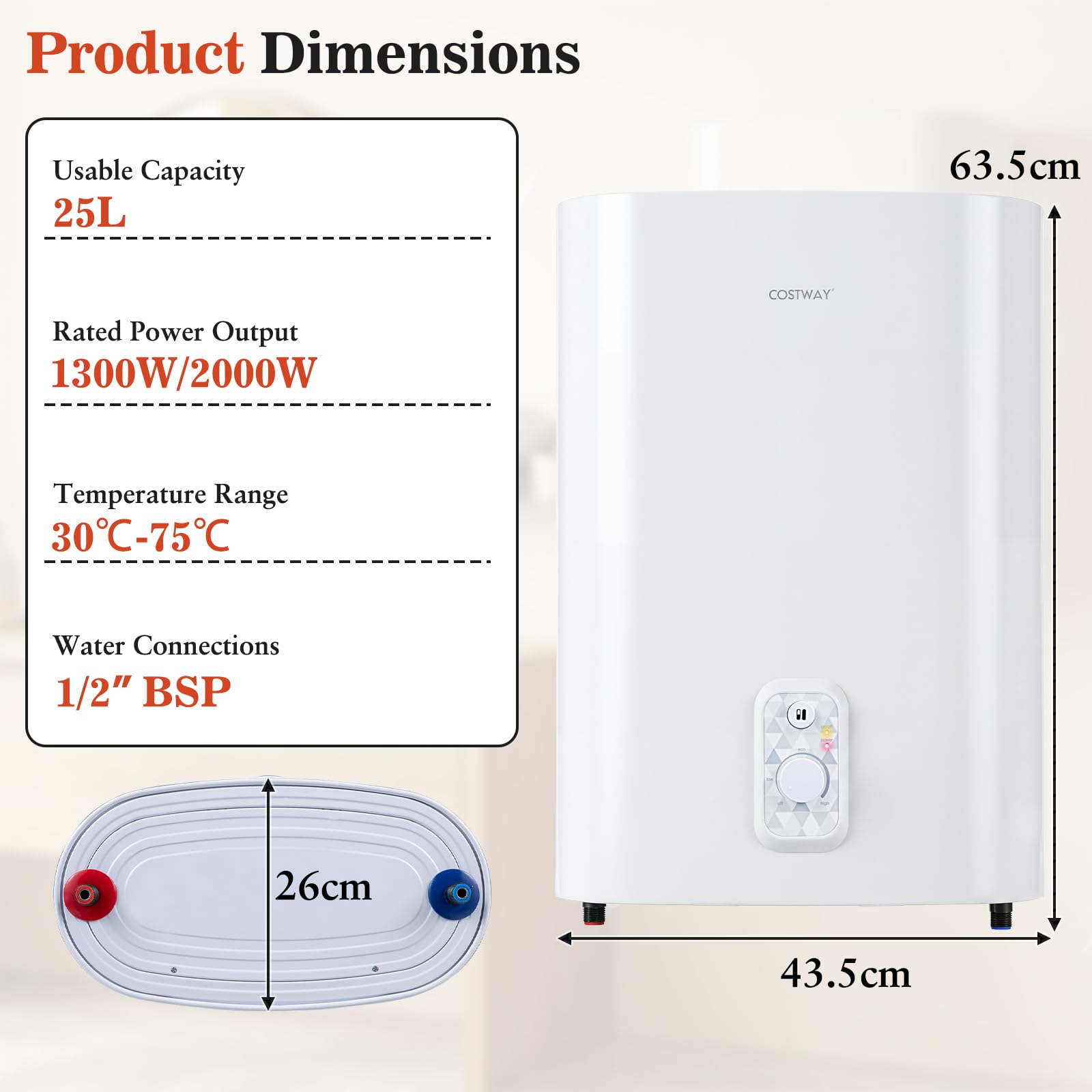 FANTASK Depósito de agua caliente, 25 litros, 1300 W/2000 W, modo de calefacción | Calentador de agua caliente inteligente para baño, montaje en pared, múltiples posiciones, calentador de agua eléctrico
