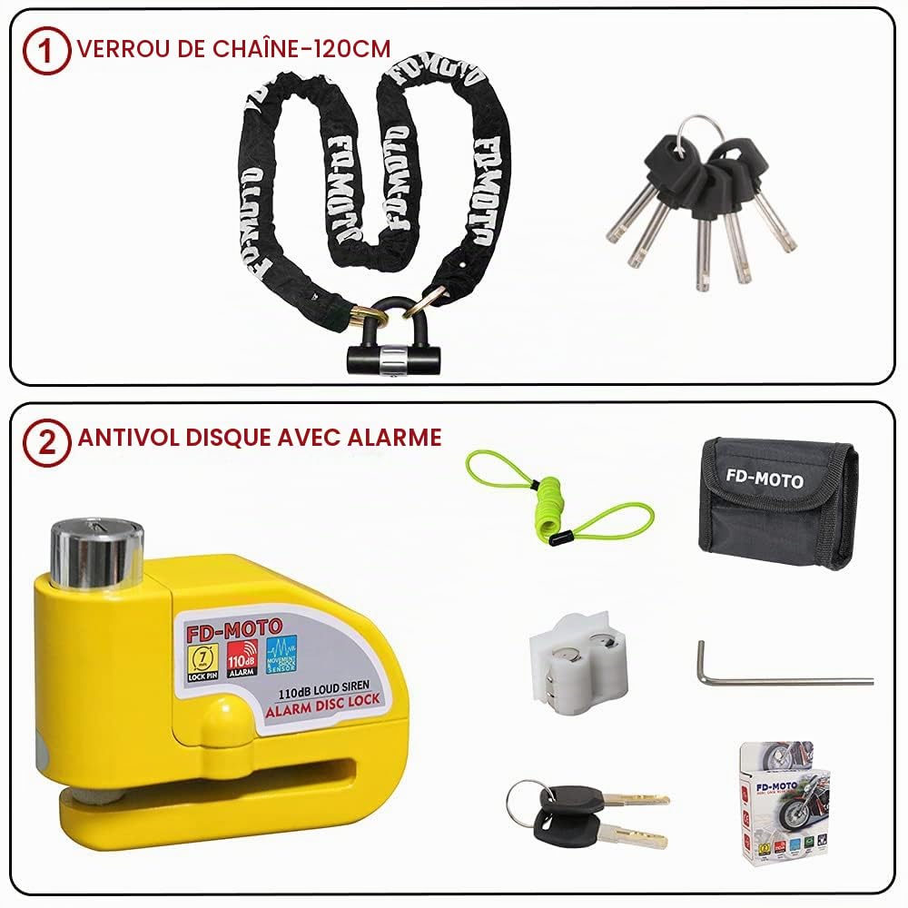 FD-MOTO φ10MM/1,2M Longue Antivol de Chaîne + 110dB Alarme Bloque Disque Cadenas Moto pour Vélo Bicyclette Moto Scooter