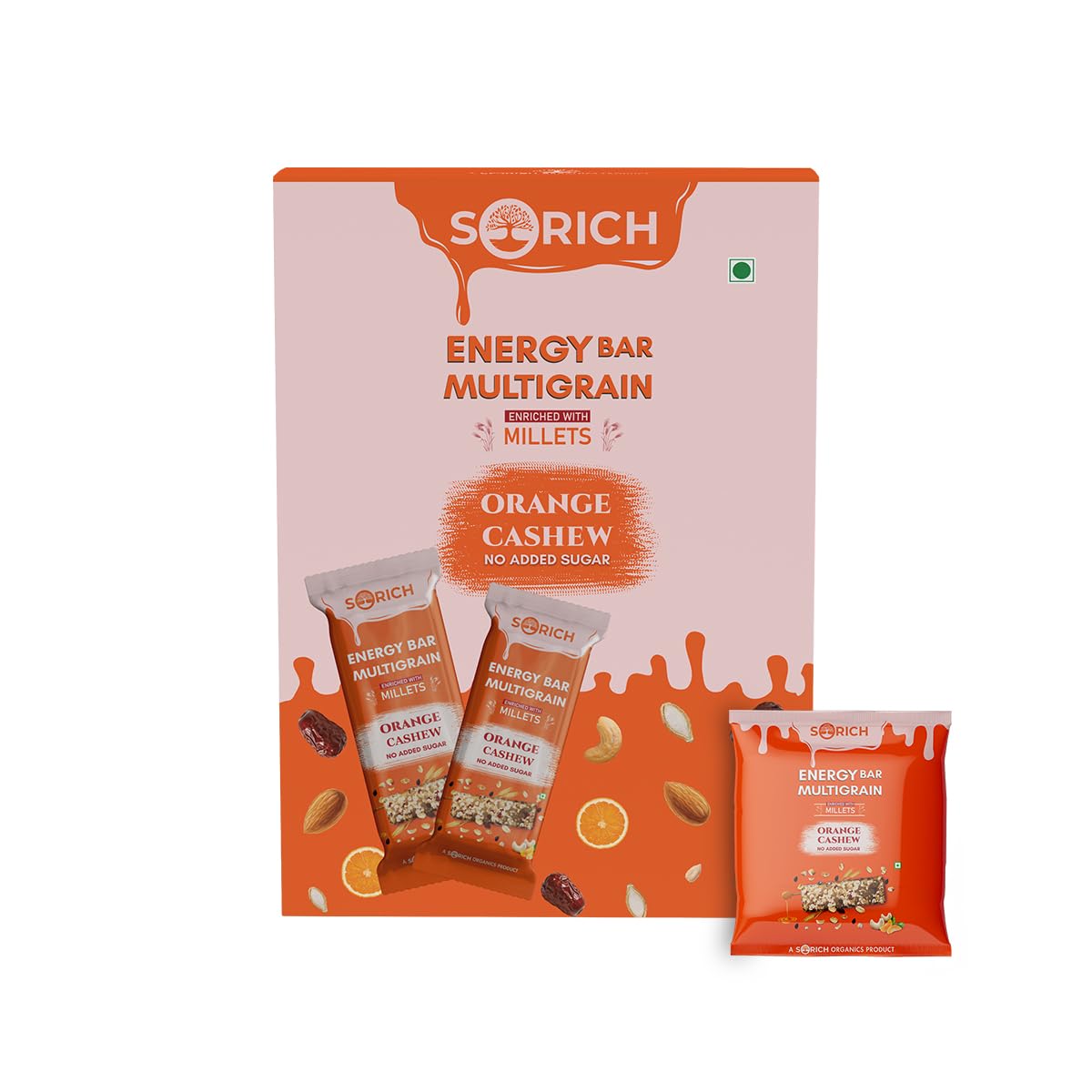 Sorich Organics Multigrain Energy Orange Cashew Bites , No added Sugar and Healthy Diet Oats with Fruits, Nuts and Millets, Gluten Free, Crunchy Granola Bites , Packed with Dates and Pumpkin Seeds , Almonds ,Chia Seeds