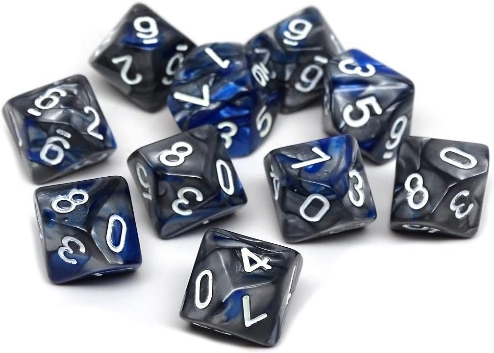 Ten Count Pack of D10 Dice - Matching Collection of 10 Sided Plastic Polyhedral Dice (Blue and Silver Granite)