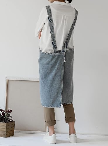 Miniatura 9 de Jeelow Delantal de cocina de algodón o sarga de algodón para hombres y mujeres, ajustable con bolsillos ajustables