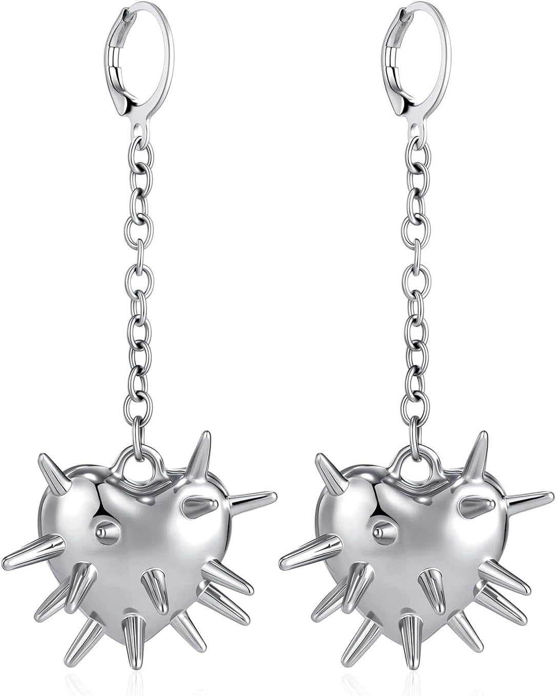 Goth Spiked Earrings Silver Heart Grunge Emo Punk Earrings Gothic Gyaru Spike Dangle Drop Earrings for Women Men