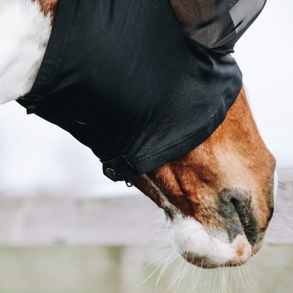 Fliegenmaske Pferd Slim Fit – Atmungsaktive Lycra Fliegenmaske mit Ohren, extra Starke Netzaugen, UV-Schutz, mit Reißverschluss & Mähnenöffnung, leicht & waschbar, schwarz