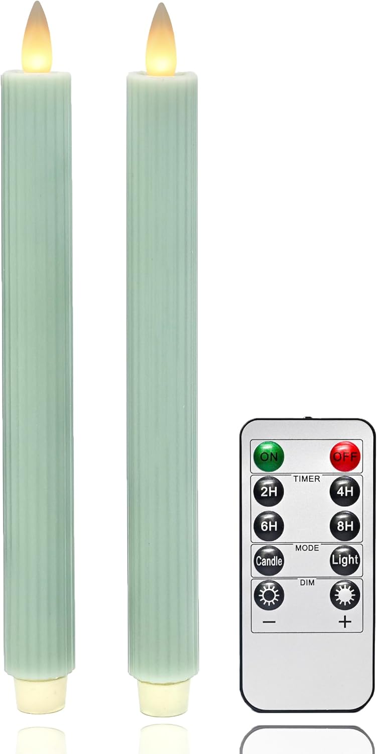 Flameless Vertical Stripes Taper Candles Flickering with Remote and Timer, 3D Moving Flame Taper Candle, 9 Inch Window Candle. (Sage Green, 9in)