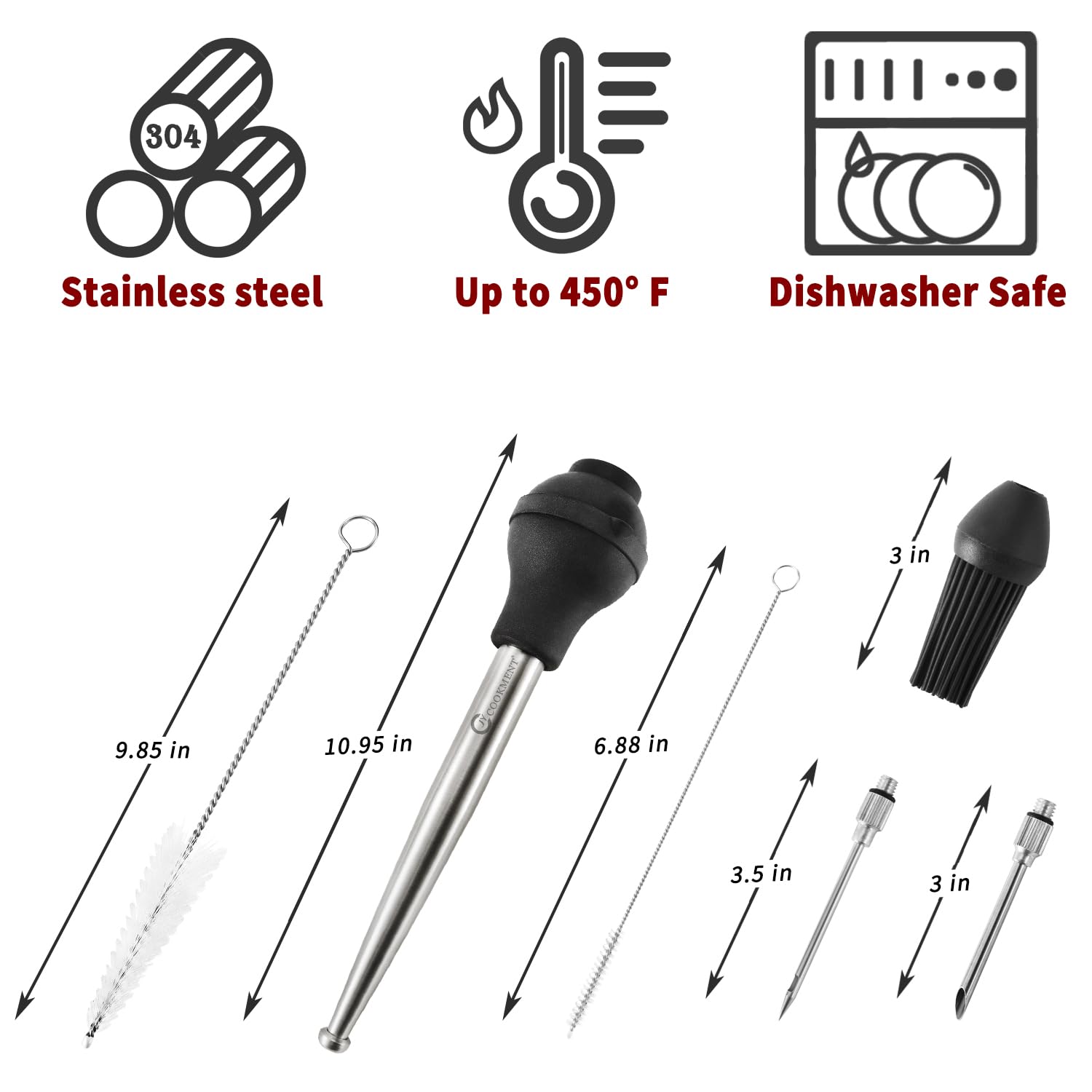 JY COOKMENT Juego de jeringas de acero inoxidable para cocinar carne con 2 agujas de adobo, 1 cepillo para untar, 1 cepillo de limpieza, herramienta de cocina para hornear en casa, actualización 2023