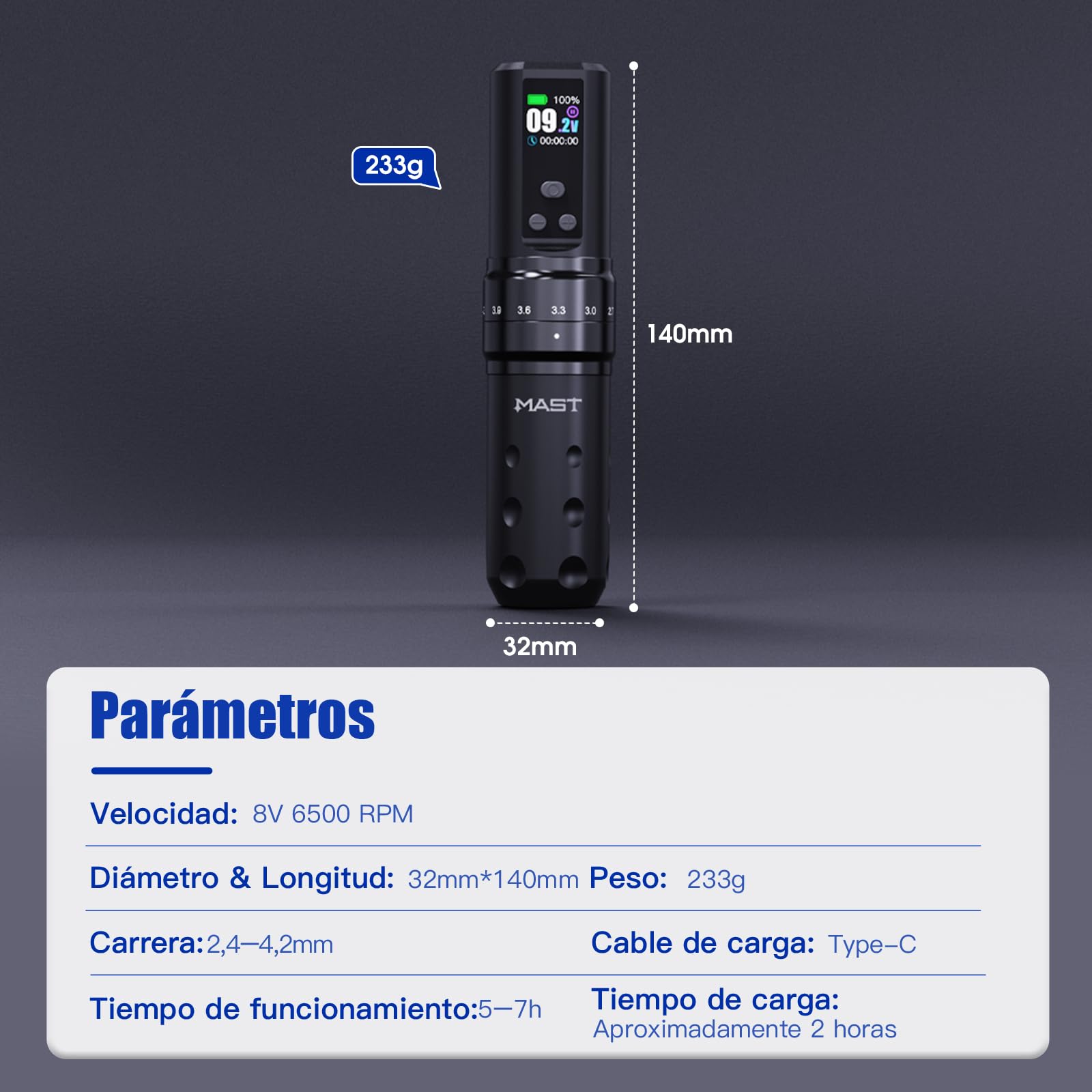 Mast Fold2 Pro Pen Máquina de Tatuaje Rotary Inalámbrica Tattoo Gun 7 Stroke Length de Batería 2000mAh Powerful Motor by Mcore Smart Display Screen para Artistas Profesionales (WQP-076-10YMX)