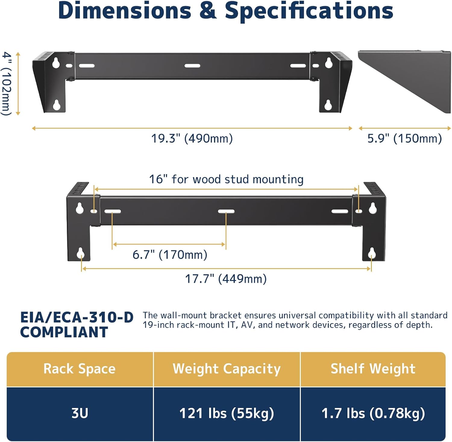 3U Vertical Wall Mount Rack - 19" Steel Wall & Under-Desk Bracket for Server, Network Switch, or Patch Panel, Supports up to 121lbs, for Cabinet or Server Room, JHSVR-3U