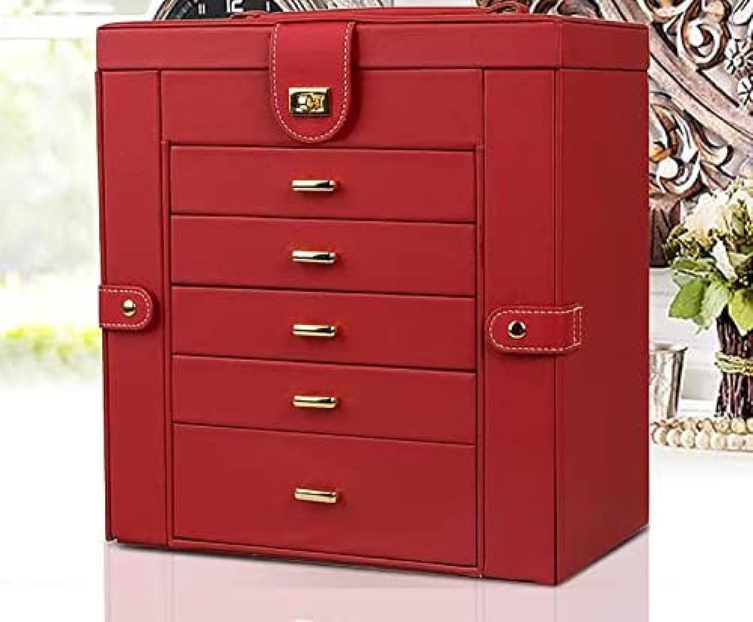 Boîte à Bijoux 6 Couches avec miroir le cadeau idéal en cuir PU rouge pour femme