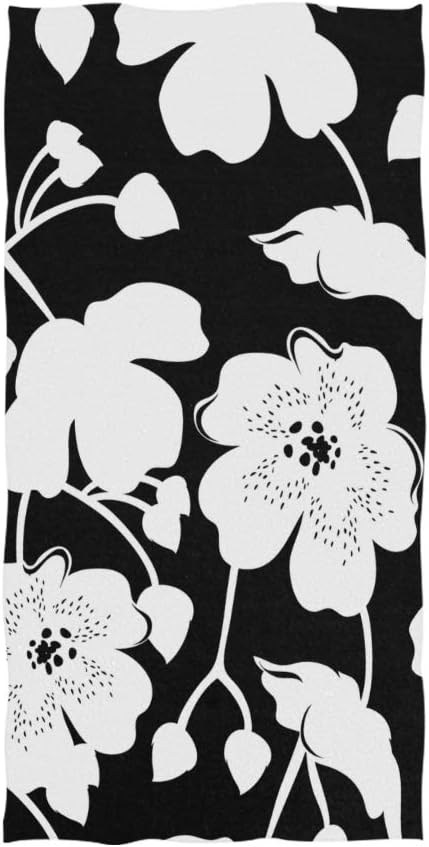 senya Black White Flower Hand Towel Ultra Soft Luxury Towels for Bathroom 30"x15"