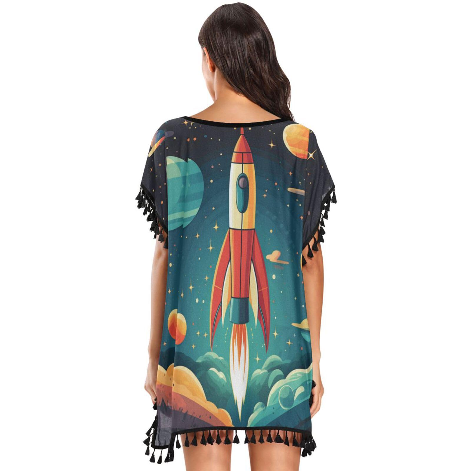 Space Art Star Rocket Women's Beach Cover Up Chiffon Tassel Swimwear Swimsuit Coverups for Girl