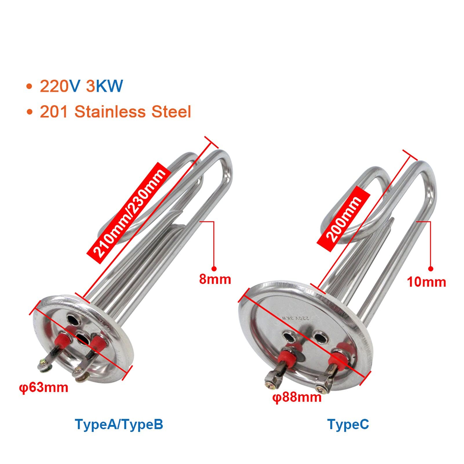 Element grzejny do wody, 201 grzejniki ze stali nierdzewnej, 3 kW podgrzewacz wody, kołnierz/tarcza 63 mm / 88 mm, średnica rury. 8 mm/10 mm. (Kolor: 220 V 201SS, rozmiar: typ A 3KW 210L)