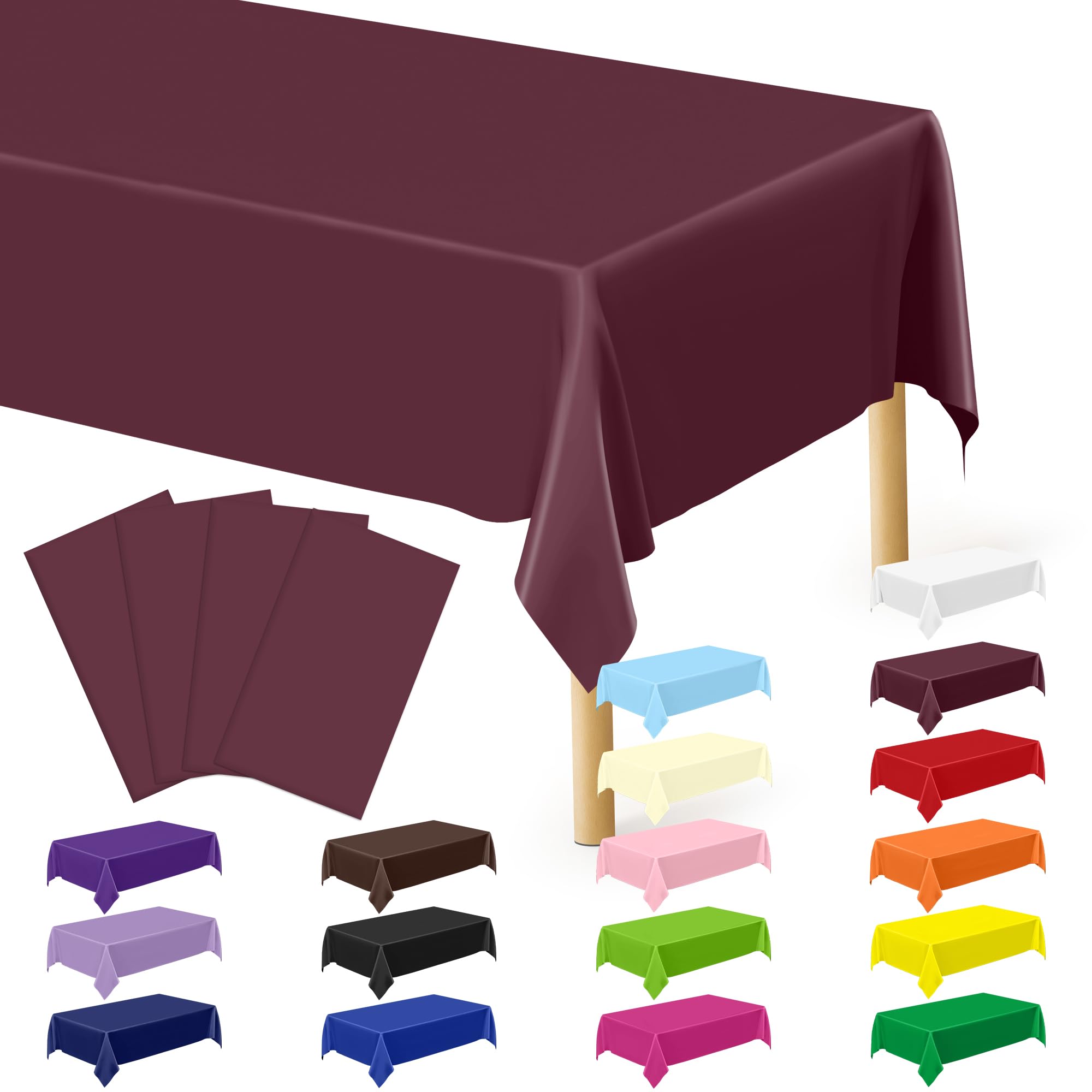 4 PCS Wine Table Cloth Rectangle Table, 54 x 108 Inches Waterproof Plastic Table Cloth Disposable, Picnic Table Cover for Baptism, Picnic, Restaurant, Wedding decor, Fits Rectangle and Round Tables