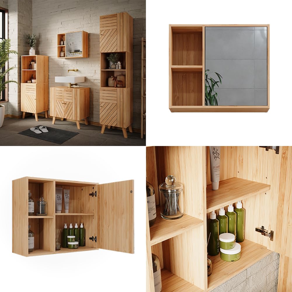Vicco Mobile a specchio per il bagno Lucie, Bambù, 54 x 44.5 cm con specchio, adatto per la conservazione salvaspazio di accessori da bagno